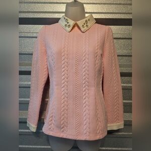 LUXLEAD Pink Cable Knit Sweater with Embellished Collar